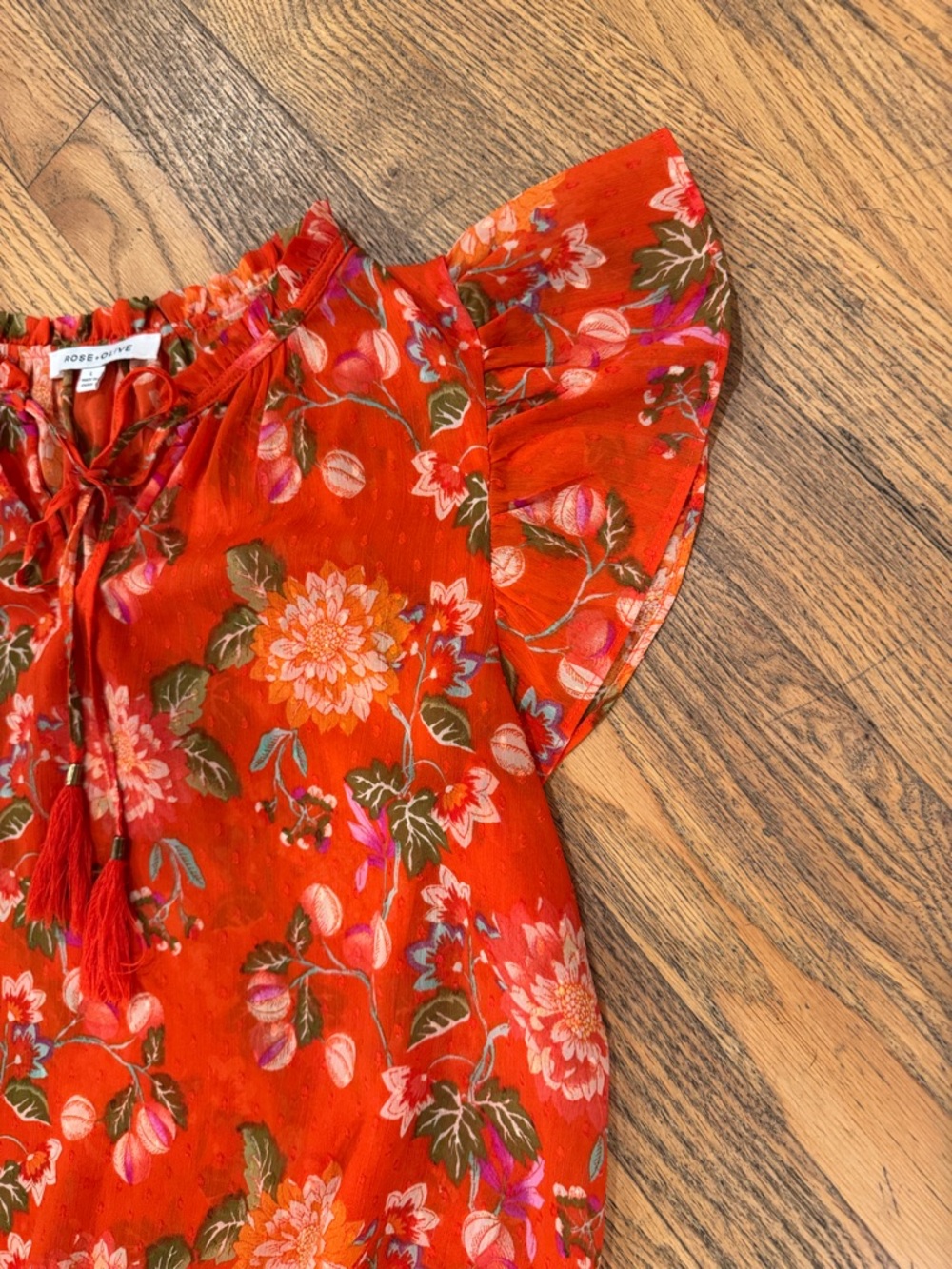 Rose & Olive Orange Floral Tie-Front Flutter Sleeve Blouse - Picture 6 of 9